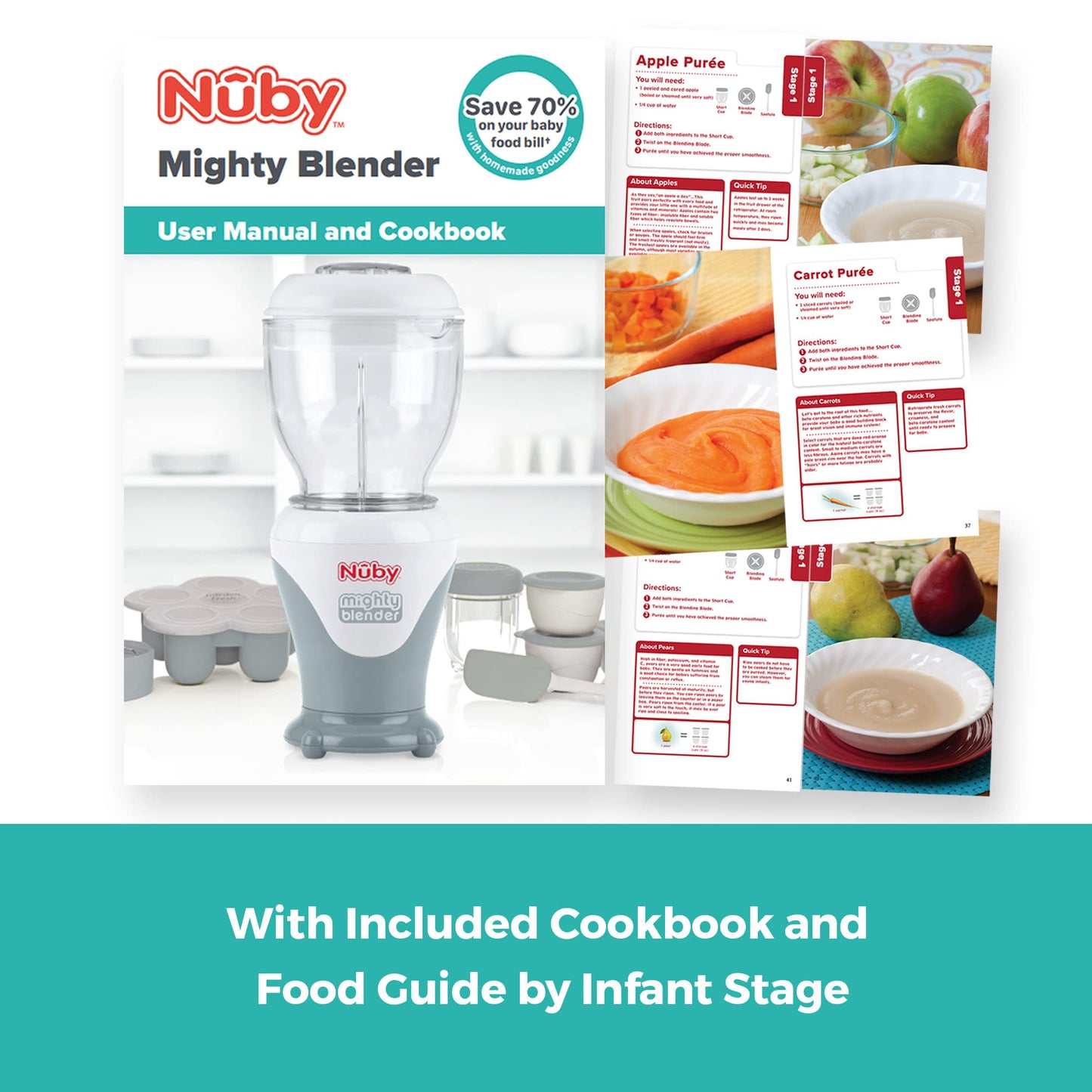 Nuby Mighty Blender With Cookbook - 22-Piece Baby Food Maker Set For Different Baby Weaning Stages - Cool Gray Design