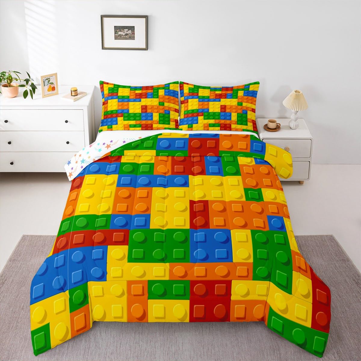Feelyou Games Comforter Set Toddler Building Blocks Bedding Set for Kids Boys Girls Colorful Geometric Toy Brick Comforter Gamin