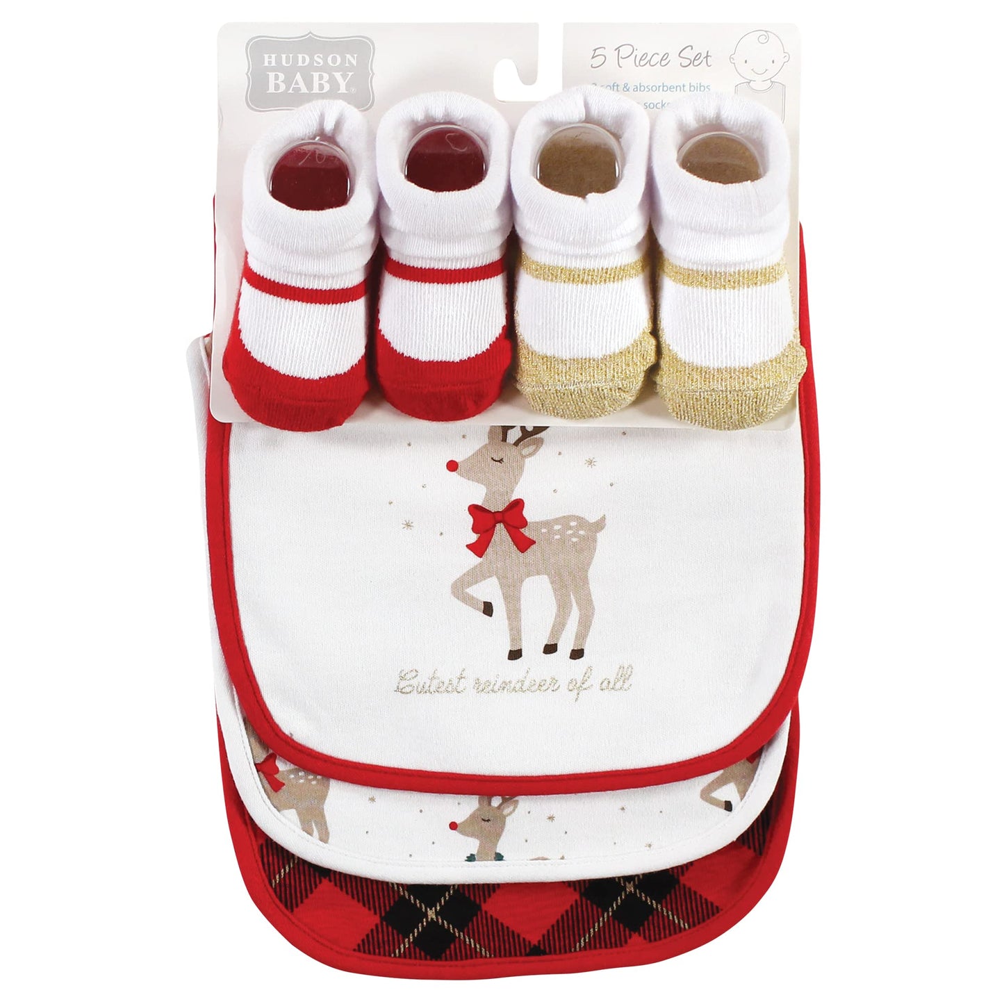 Hudson Baby Unisex Baby Cotton Bib And Sock Set, Fancy Rudolph, One Size