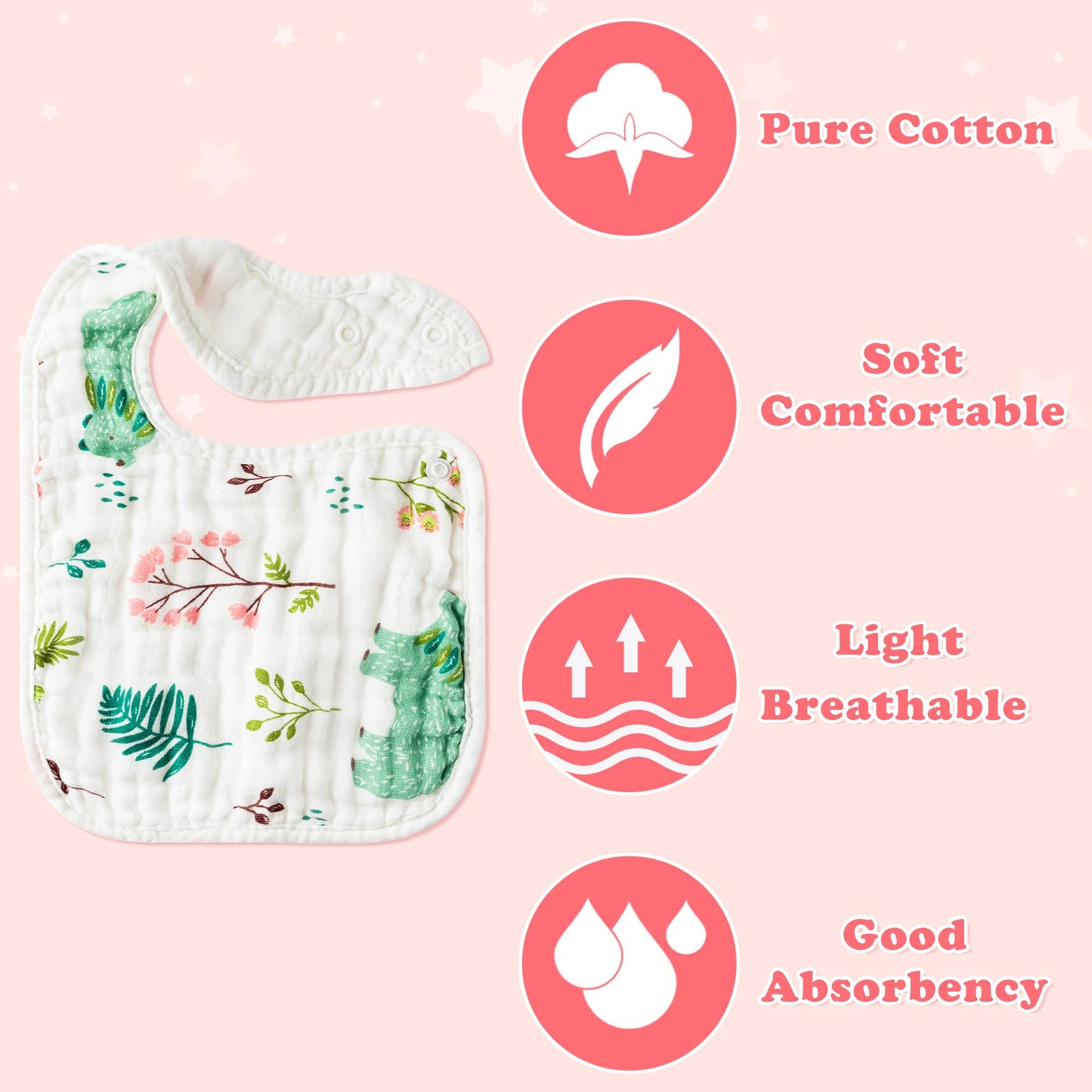 Zainpe 6Pcs Snap Muslin Cotton Baby Bibs Summer Cactus Patterns Infants Drooling Bib Soft Absorbent Adjustable Burp Cloths Feedi