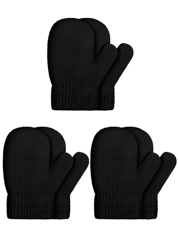 SATINIOR 3 Pairs Toddler Magic Stretch Mittens Little Girls Knit Mitten Baby Boys Soft Winter Knitted Gloves(Black,4-8 Years,Cla