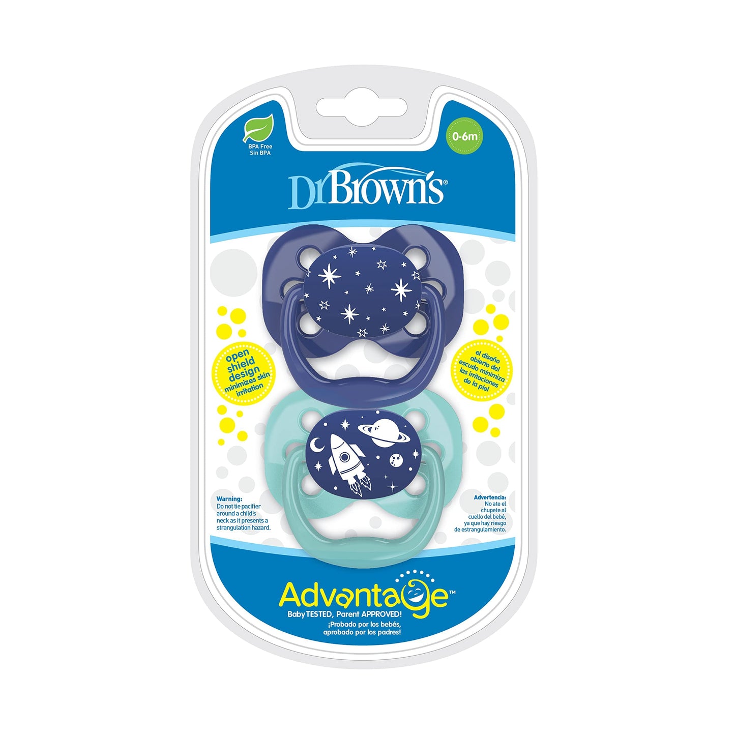 Dr. Brown'S Advantage Baby Pacifier, Fully Symmetrical Soother With Soft Silicone Bulb, 0-6M, Bpa Free, Blue Sunrise, 2 Pack (St