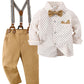 Yallet Toddler Baby Boy Clothes Suit Gentleman Outfits Formal Dress Shirt + Bowtie + Suspender Pants Wedding Party(L Beige, 3-4T