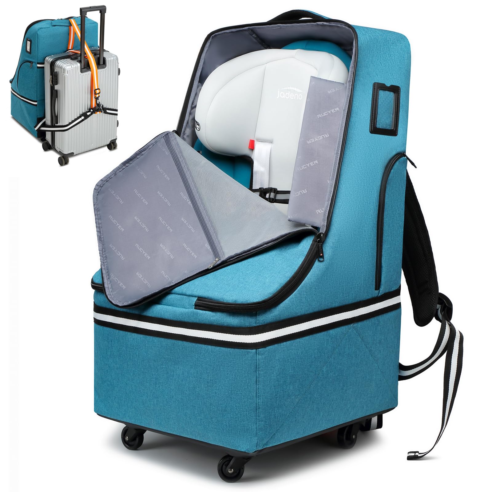 RUCYEN Rolling Car Seat Travel Bag, Padded Carseat Travel Backpack for Airplane,Large Durable Carseat Travel Bag with 4 Wheels,A