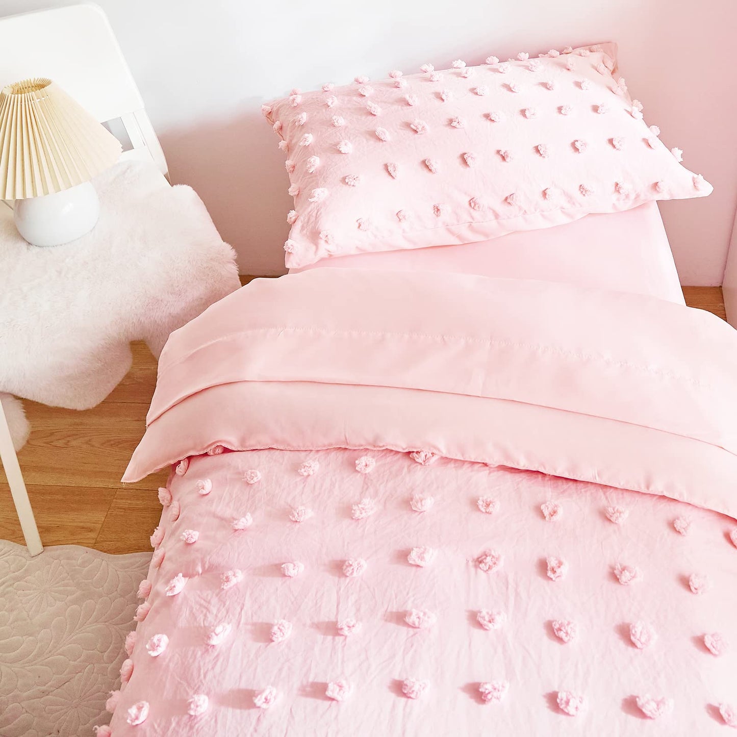 4 Pieces Tufted Dots Toddler Bedding Set Solid Pink Jacquard Pom Pom Tufts, Soft And Embroidery Shabby Chic Boho Design For Baby