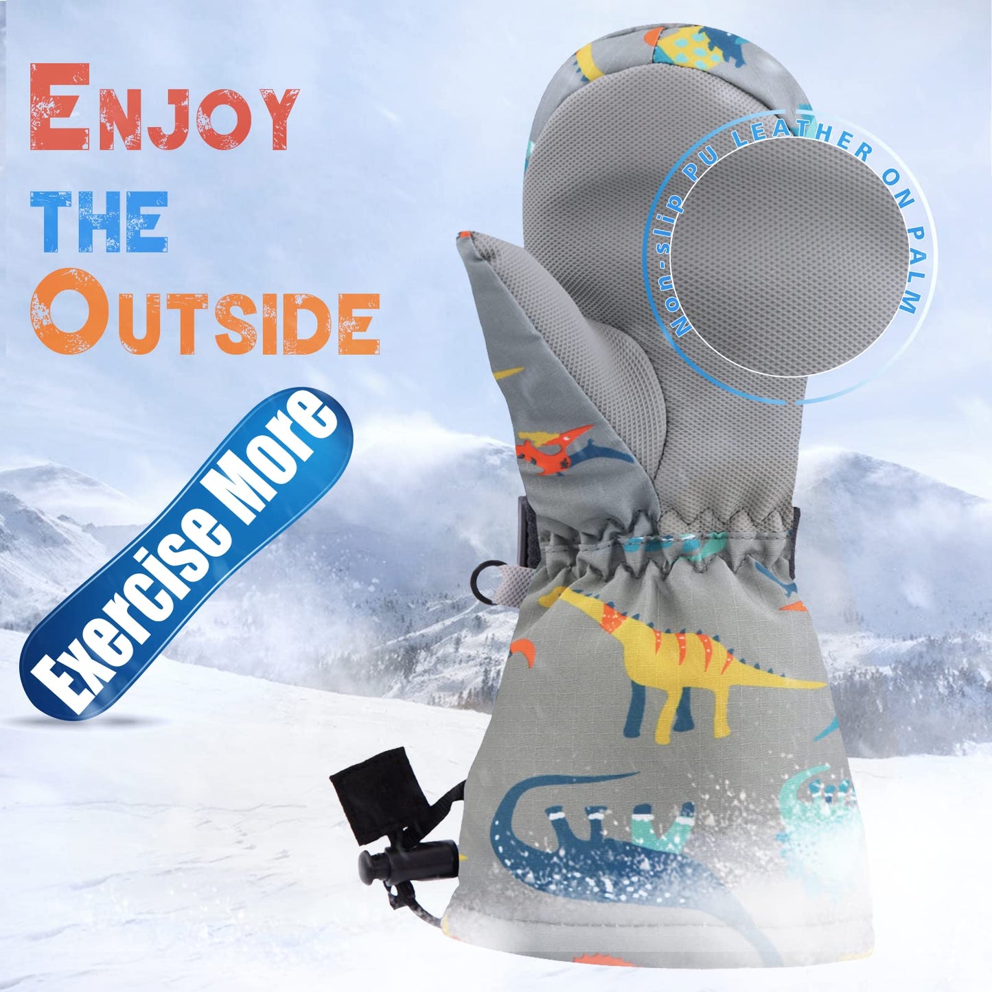 Winter Kids Waterproof Gloves For Boys Girls Snow Ski Toddler Baby Mittens Outdoor For Infant Teens 1-5T (N-Grey Orange Dinosaur