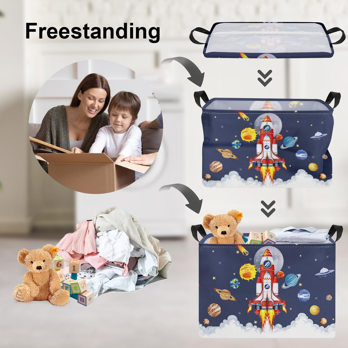 Clastyle Space Rocket Launch Storage Basket Boy Pool Beach Towel Bin Blue Planets Toy Book Shelf Basket Meteorit Rectangle Gift