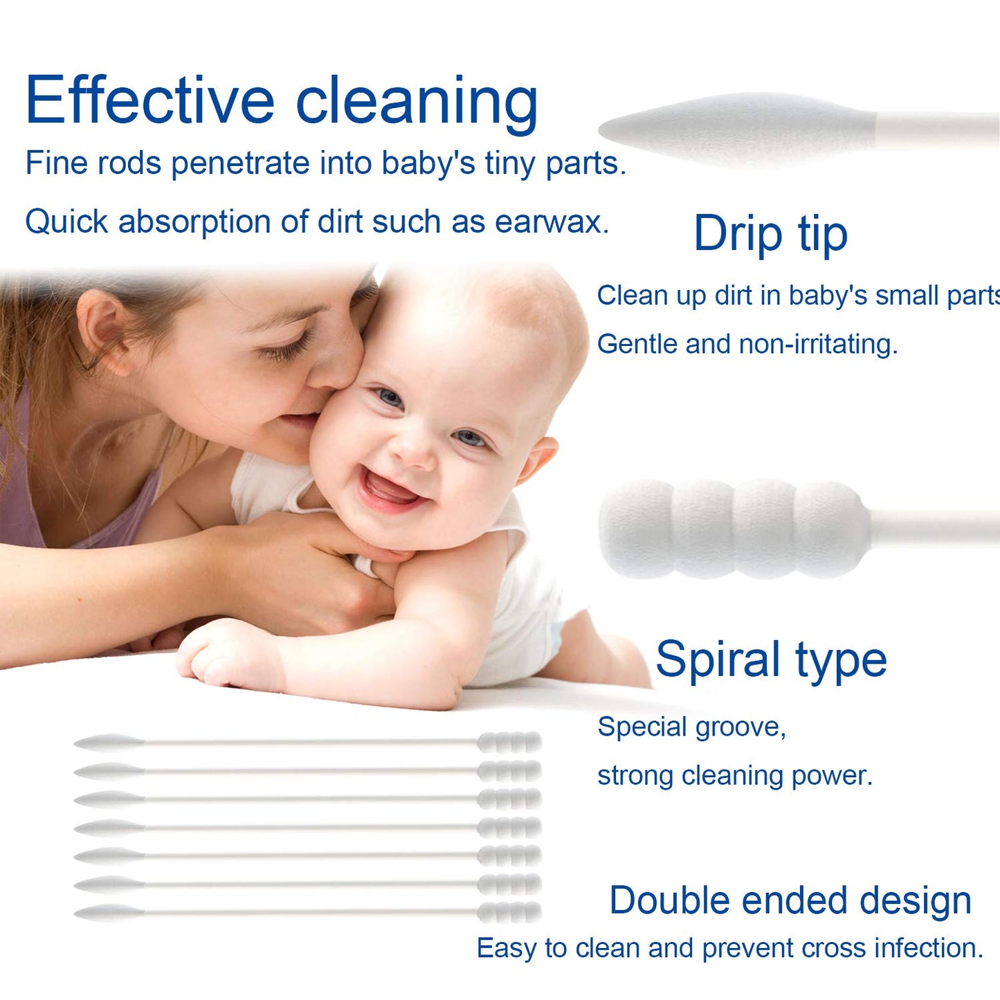 Baby Cotton Swabs, Paper Sticks Cotton Buds For Baby Ear Nose Clean-200Pcs(Spiral And Pointed)