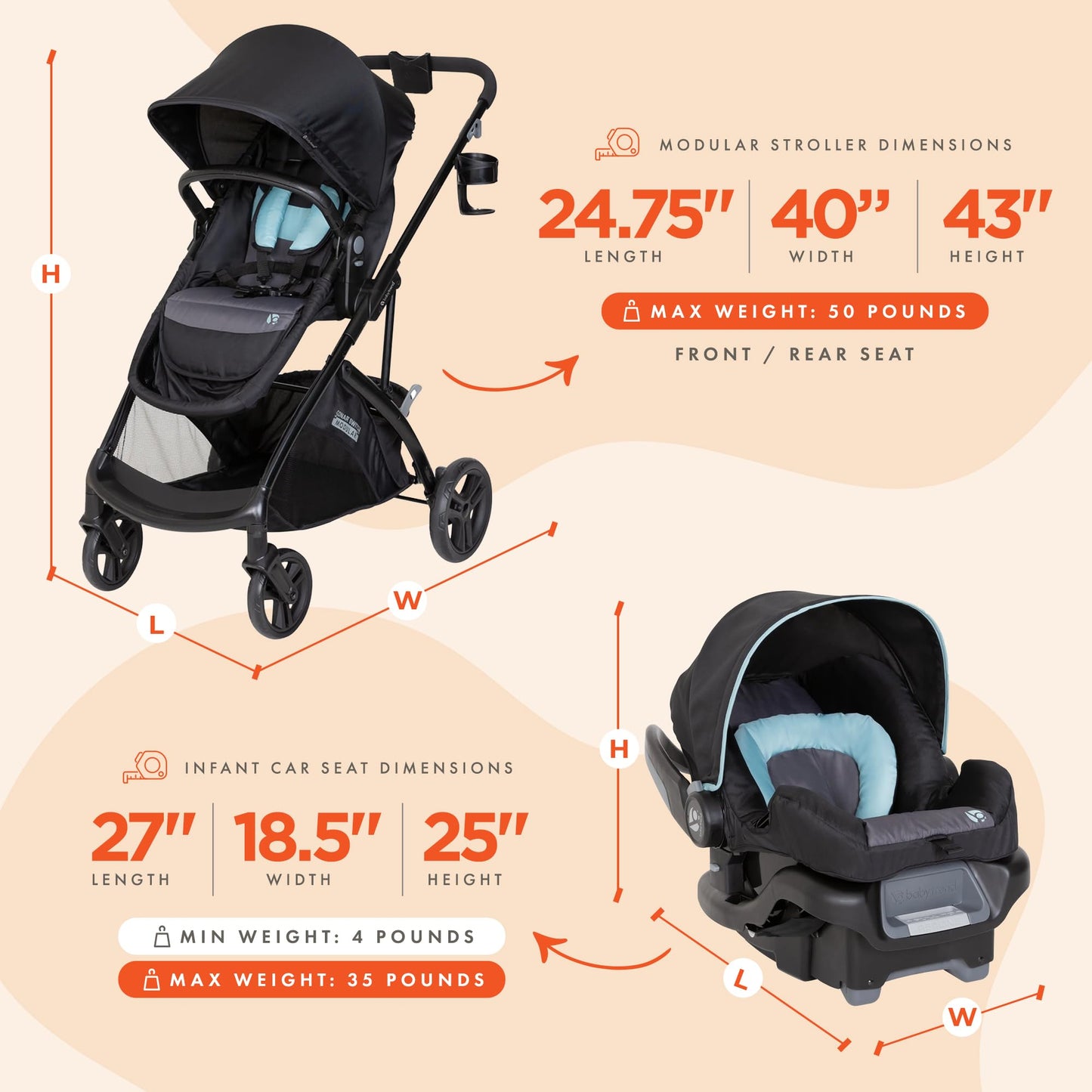 Baby Trend Sonar Switch 6-In-1 Modular Stroller Travel System With Ally 35 Infant Car Seat, Desert Blue