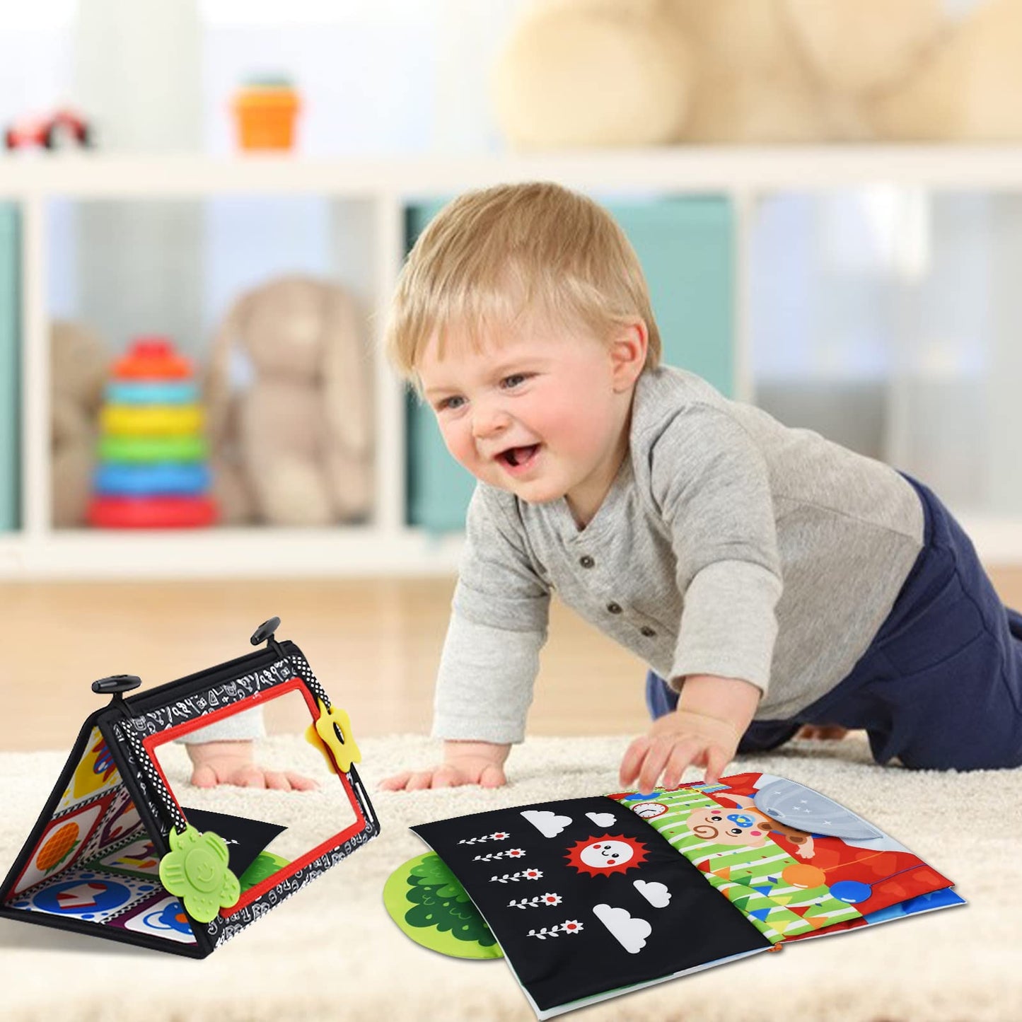 Dr.Rapeti Tummy Time Floor Mirror for Baby Infant Toddler Kids Black and White High Contrast Baby Toy with Crinkle Cloth Book Te