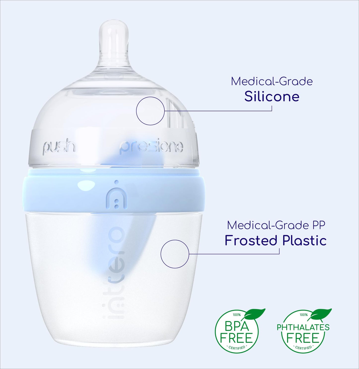 Inttero Natural Anti-Colic Formula Dispenser Baby Bottle - Air-Free Vent - 6Oz/2Pk - Modern Blue/Slow Flow - Baby Essential Bibe