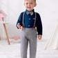 Disaur Toddler Boy Wedding Outfits Long Sleeve Dark Blue Grey Dress Shirt Bow Tie Suspender Pants Baptism Outfits For Boys 12 Mo