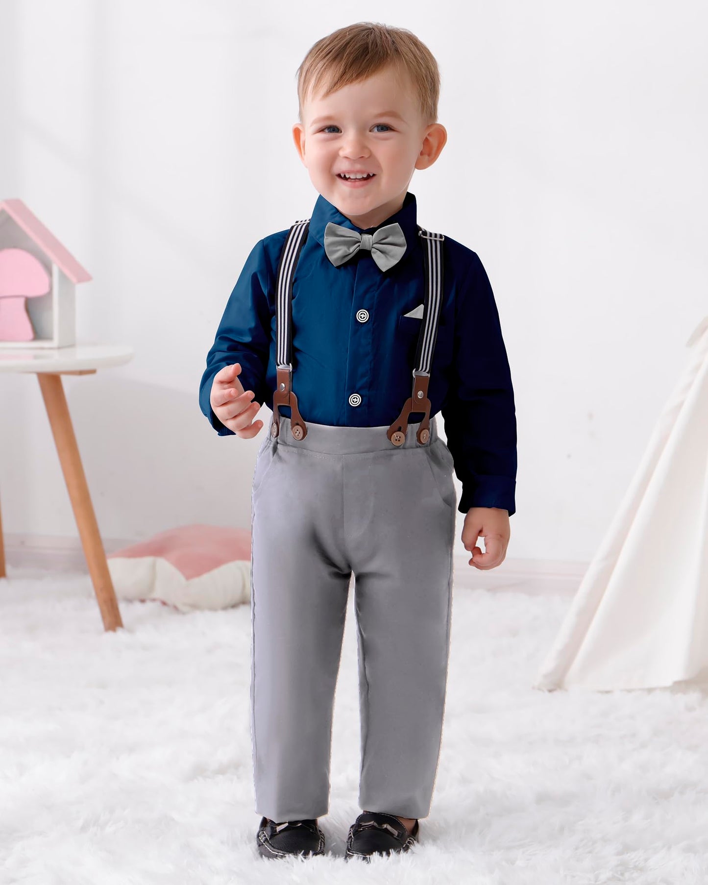 Matching Family Outfits Long Sleeve Dark Blue Grey Dress Shirt Bow Tie Suspender Pants Boys Church Outfit 4T 5T 4-5T