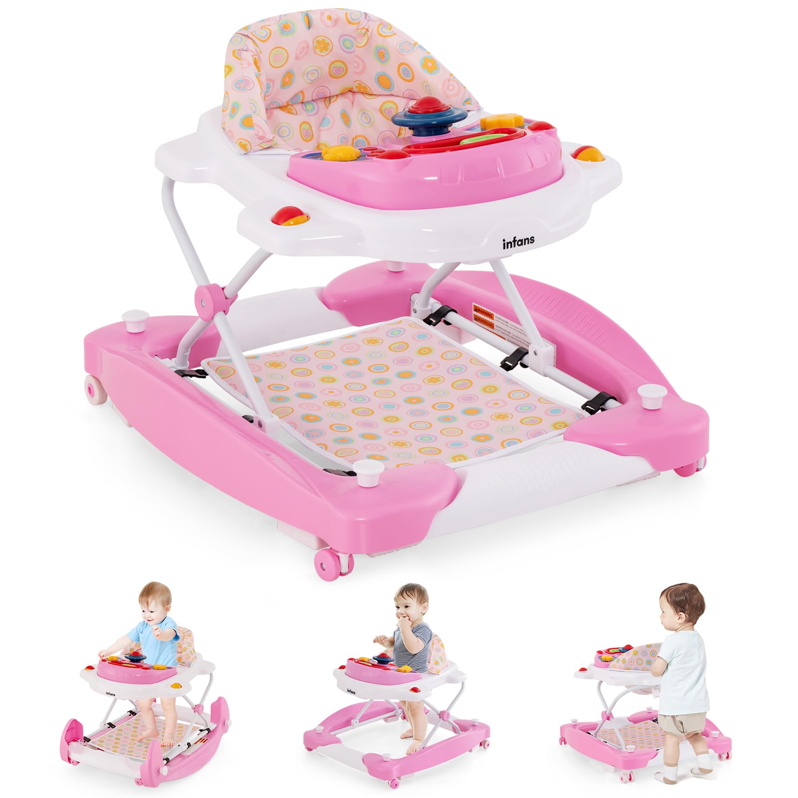 Infans Baby Walker, 5 In 1 Behind Walker Learning Seated Rocker Bouncer With Removable Music Tray, Adjustable Height, Washable S
