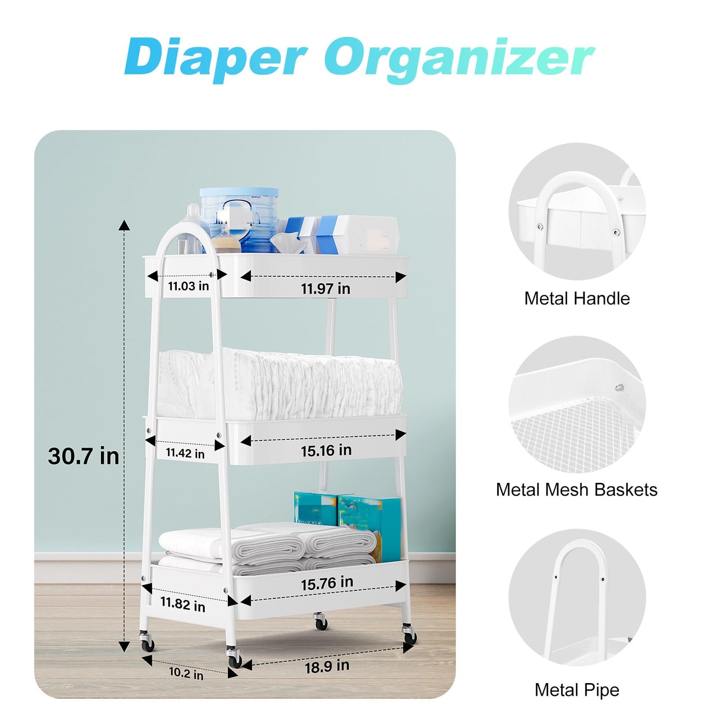 Volnamal Baby Diaper Caddy Organizer, Metal Utility Diaper Cart, Multifunction Essential Newborn Baby Registry Items, Movable Ch