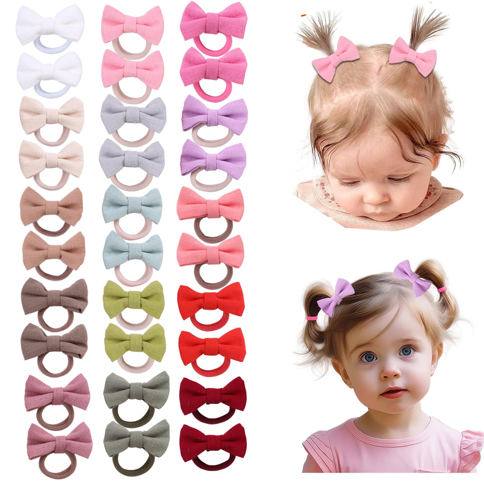 30Pcs 2 Inch Baby Girls Hair Ties With Linen Bows,Soft Elastics Ponytail Holders Hair Accessories For Infants Toddlers Baby Girl