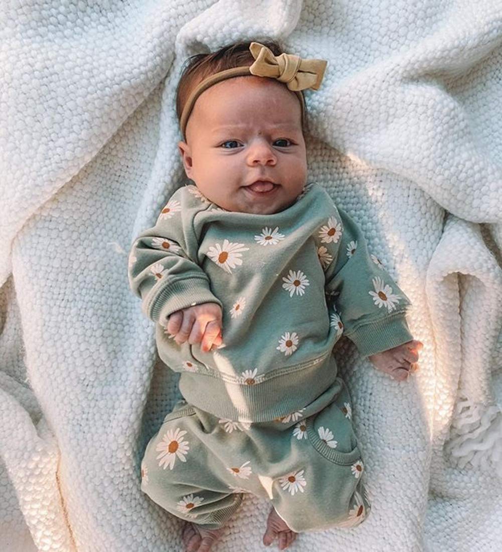 0-24M Flower Newborn Infant Baby Girl Clothes Set Long Sleeve Sweatshirts Tops Pants Outfits (Green, 0-6 Months)