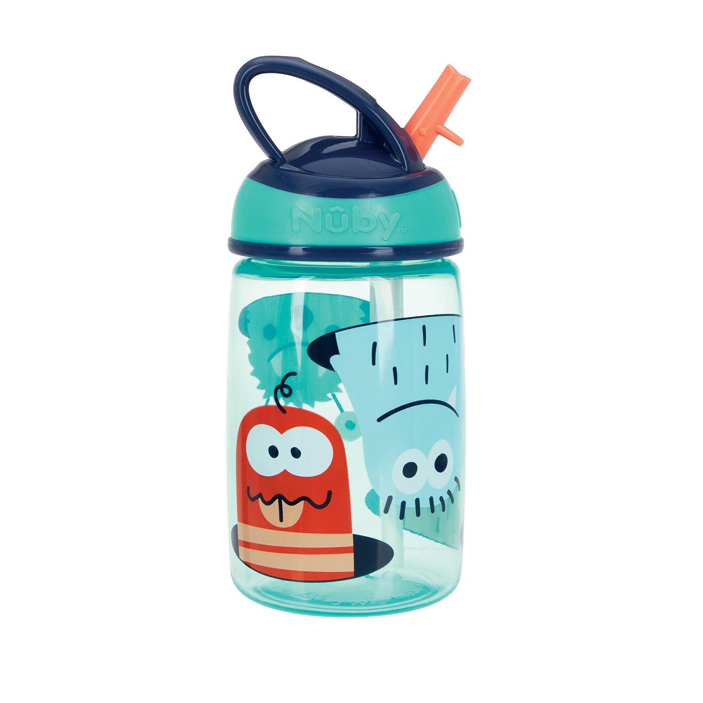 Nuby Flip-it Kids On-The-Go Printed Water Bottle with Bite Proof Hard Straw - 12oz / 360 ml, 18+ Months (Friendly Monsters)