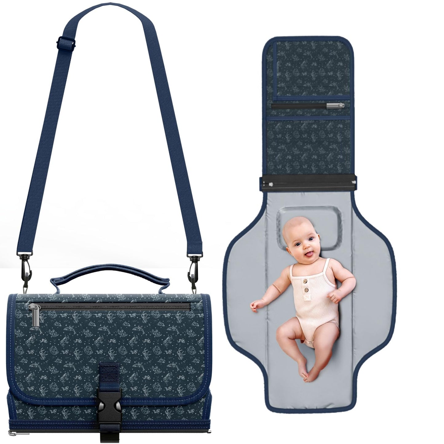 Portable Changing Pad with Shoulder Strap - Detachable Travel Changing Pad with Head Pillow, Lightweight & Waterproof Portable D