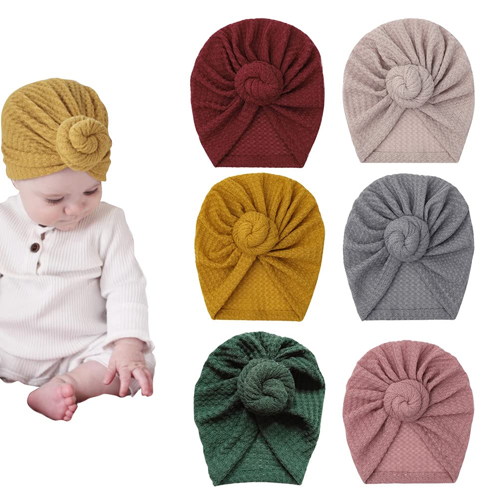 Jiahang Baby Donut Knotted Bow Hat, Waffle Knit Turban Head Wrap, Unisex Baby Beanie India Cap For Infants Toddlers Girls 6 Pcs