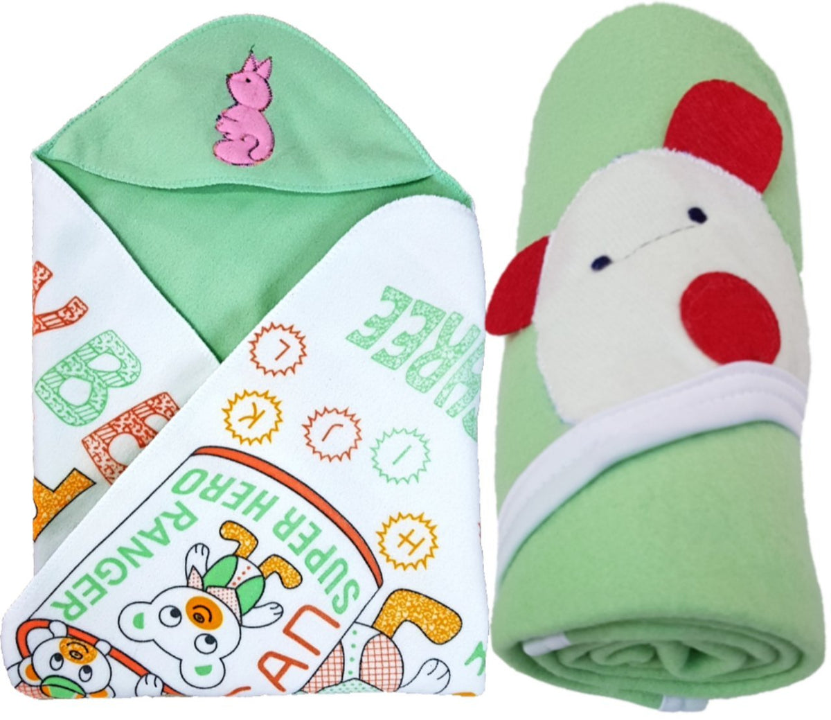 BRANDONN Newborn Combo of Double PLY Reversible Hooded and Fleece Hooded Baby Blankets(Pack of 2, CGreen)