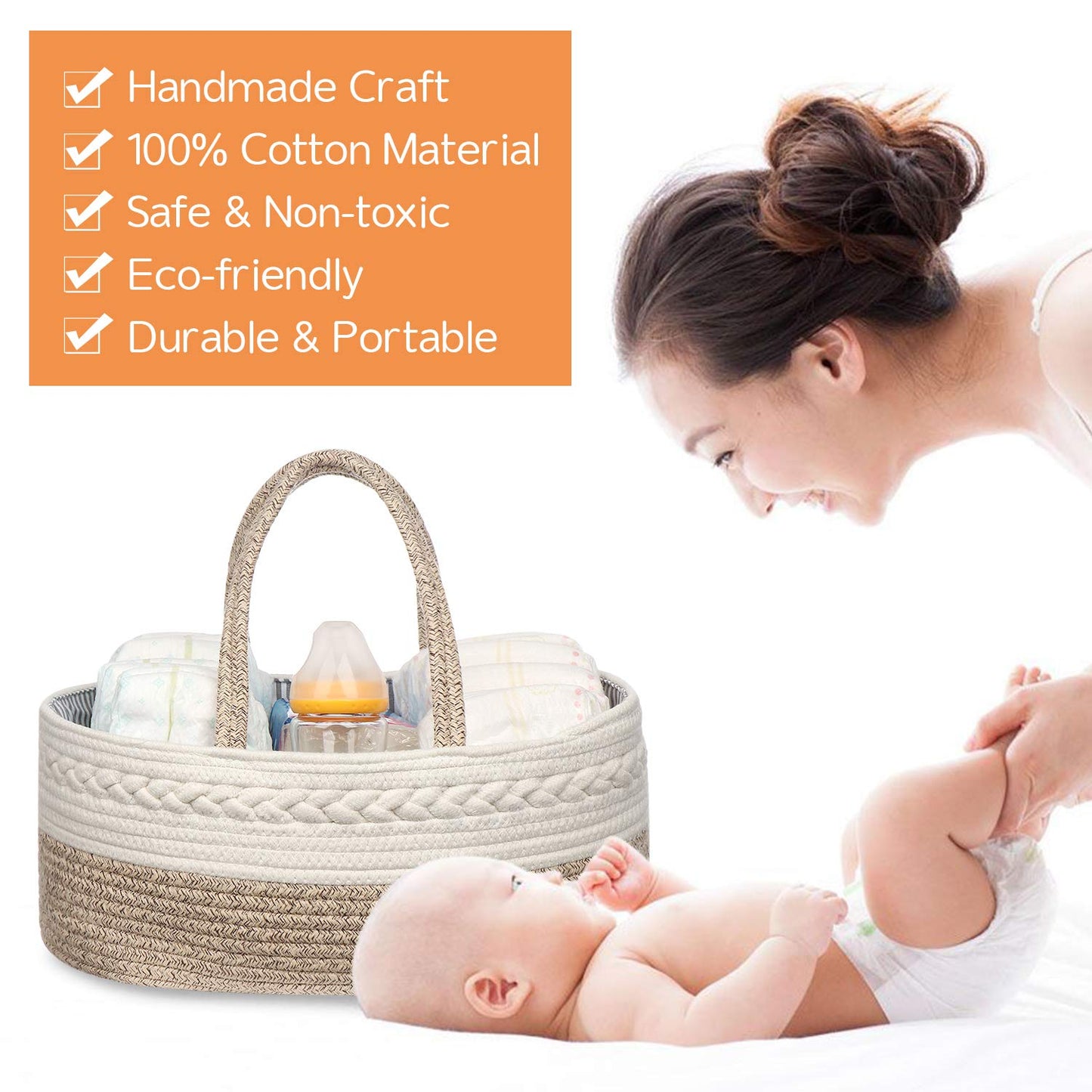 Maxgoods Baby Diaper Caddy Organizer -100% Cotton Baby Basket Bin With Removable Divider -Portable Tote Bag Storage Basket For B