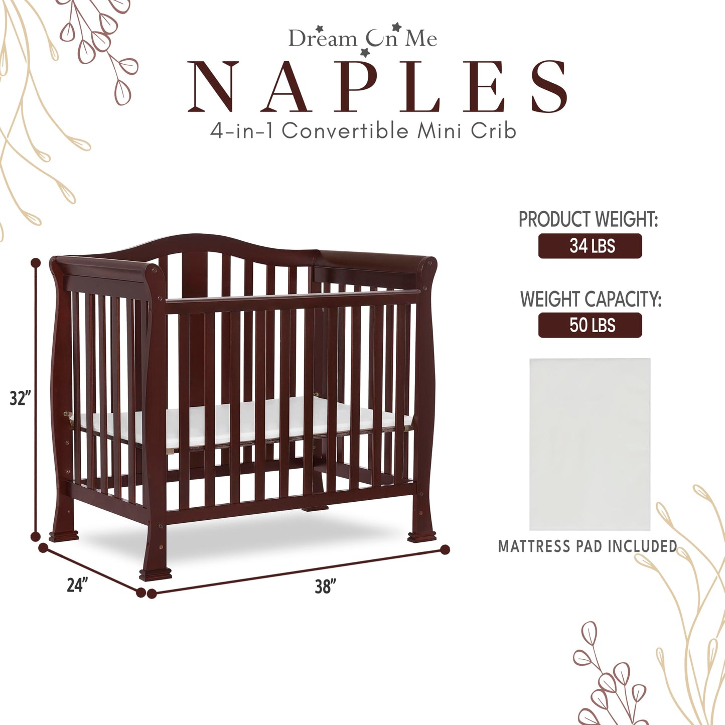 Dream On Me Addison 4-In-1 Convertible Mini Crib In Espresso, Greenguard Gold Certified, Non-Toxic Finishes, Built Of New Zealan