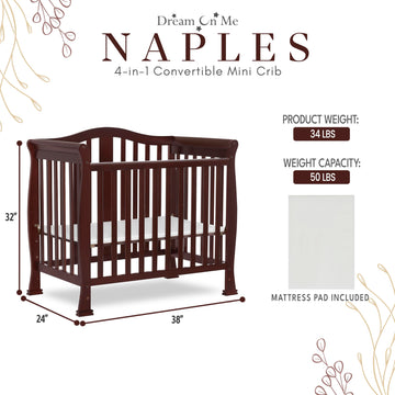 Dream On Me Addison 4-In-1 Convertible Mini Crib In Espresso, Greenguard Gold Certified, Non-Toxic Finishes, Built Of New Zealan