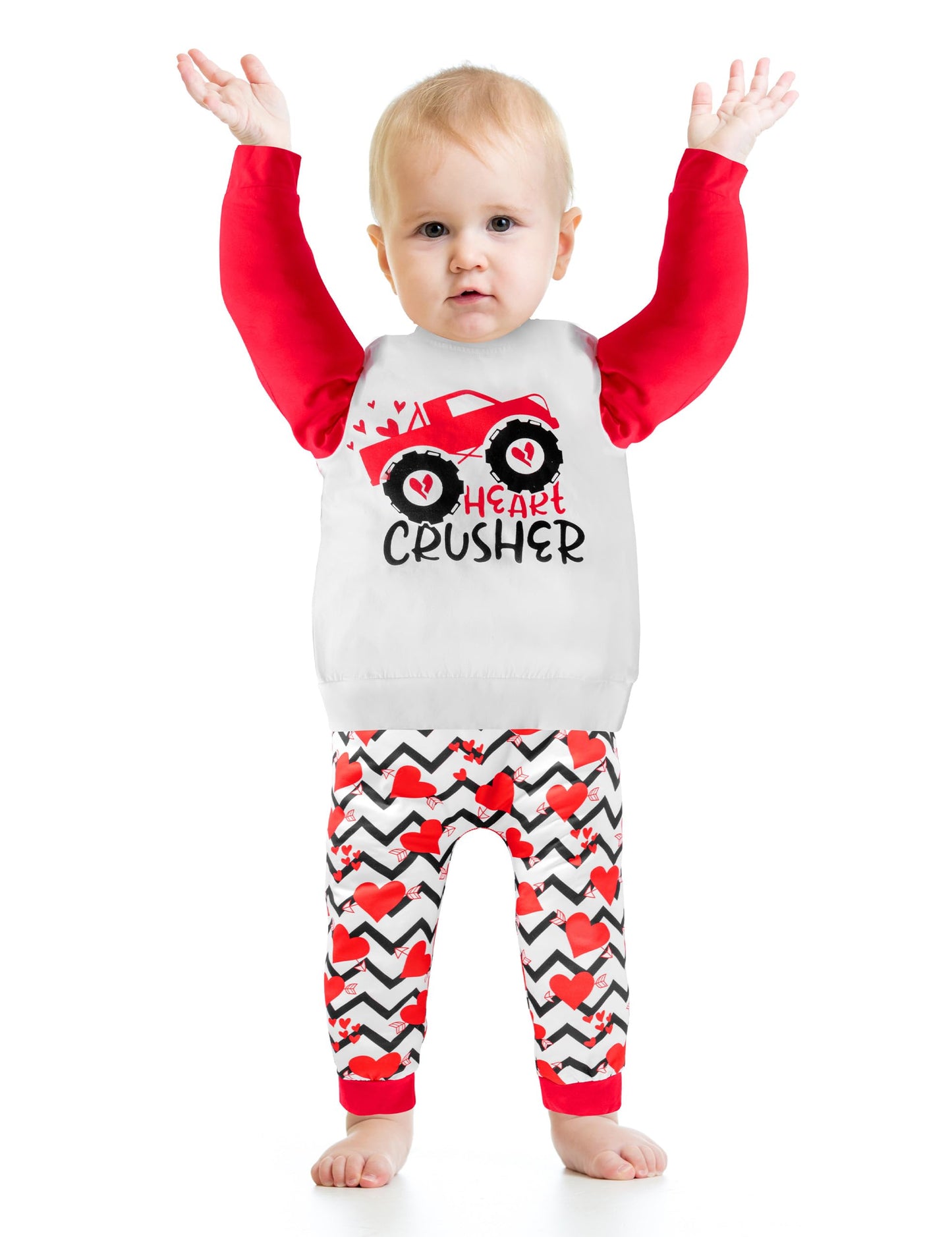Dakeik Toddler Boy Valentines Day Outfit Size 5T-6T Boys Valentines Day Outfit All Terrain Vehicle Heart Crusher Print Long Slee