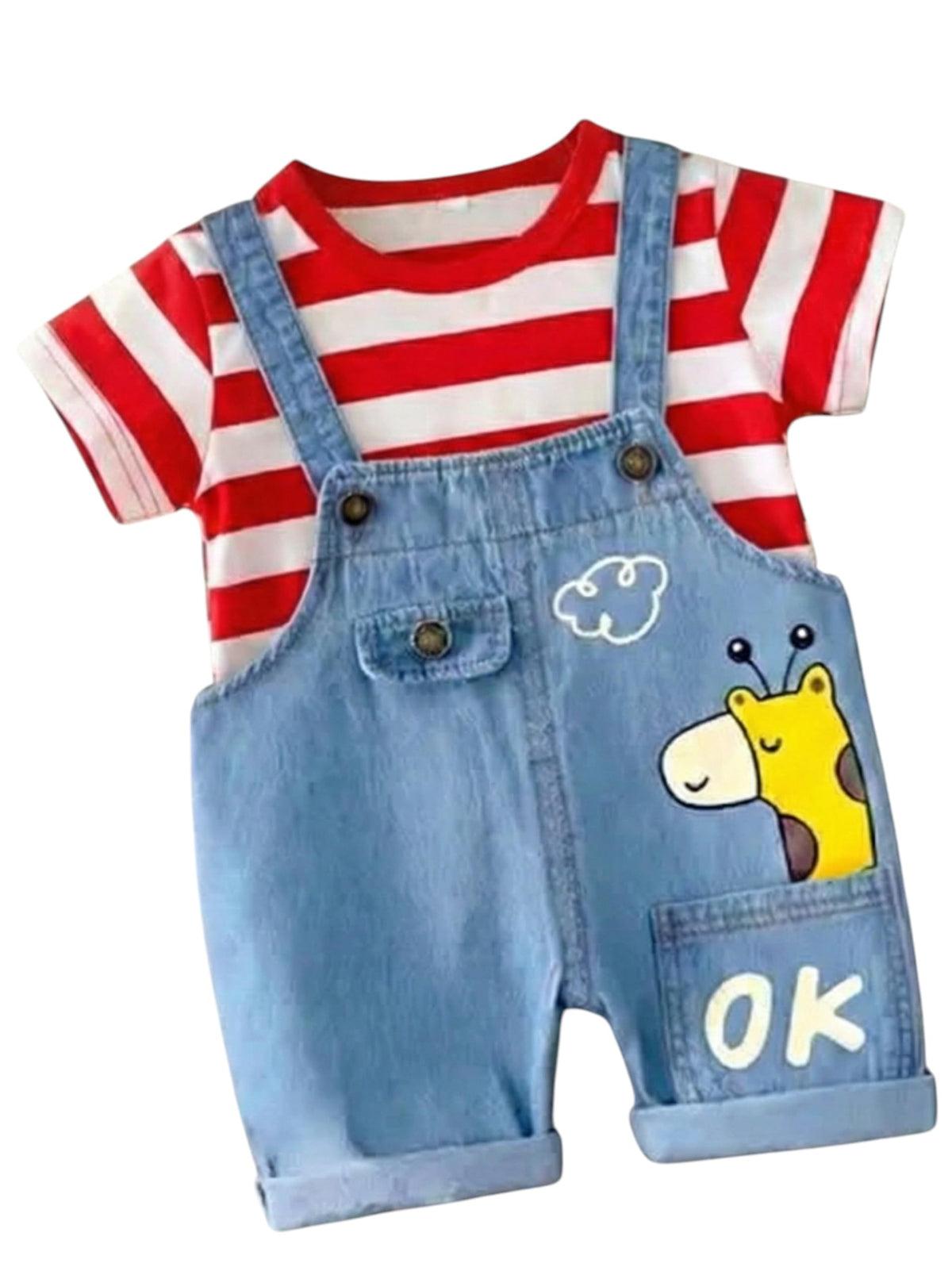 Cutevibe Baby Boys & Girls Red Striped TShirt With Denim Dungaree Set, Giraffe Print, Ok Pocket Detail (45 Years)