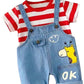 Cutevibe Baby Boys & Girls Red Striped TShirt With Denim Dungaree Set, Giraffe Print, Ok Pocket Detail (03 Months)