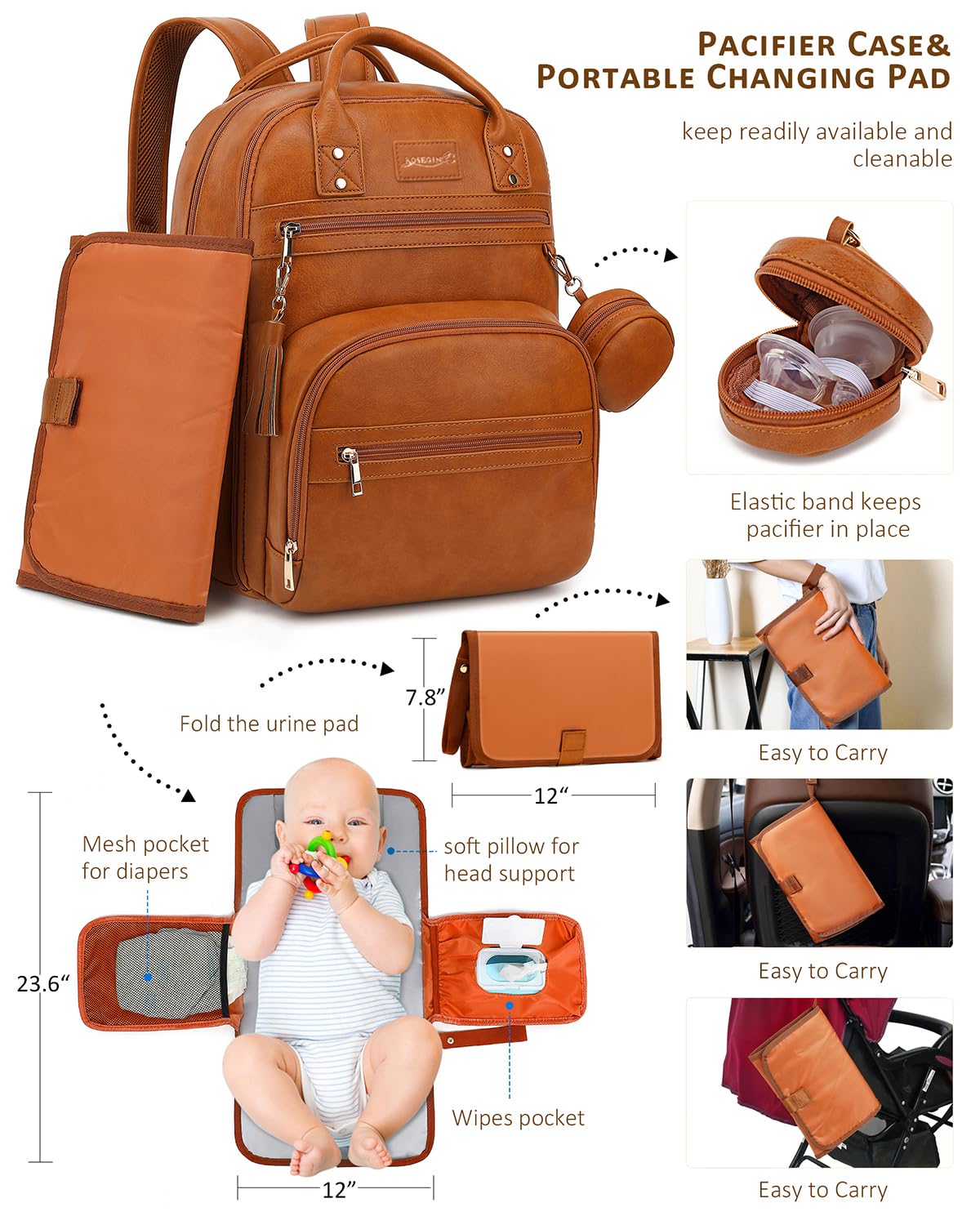 Rosegin Vegan Leather Diaper Bag Backpack With Changing Pad Pacifier Case,Travel Baby Bag For Boy Girl Toddler Mom-Large,Stylish