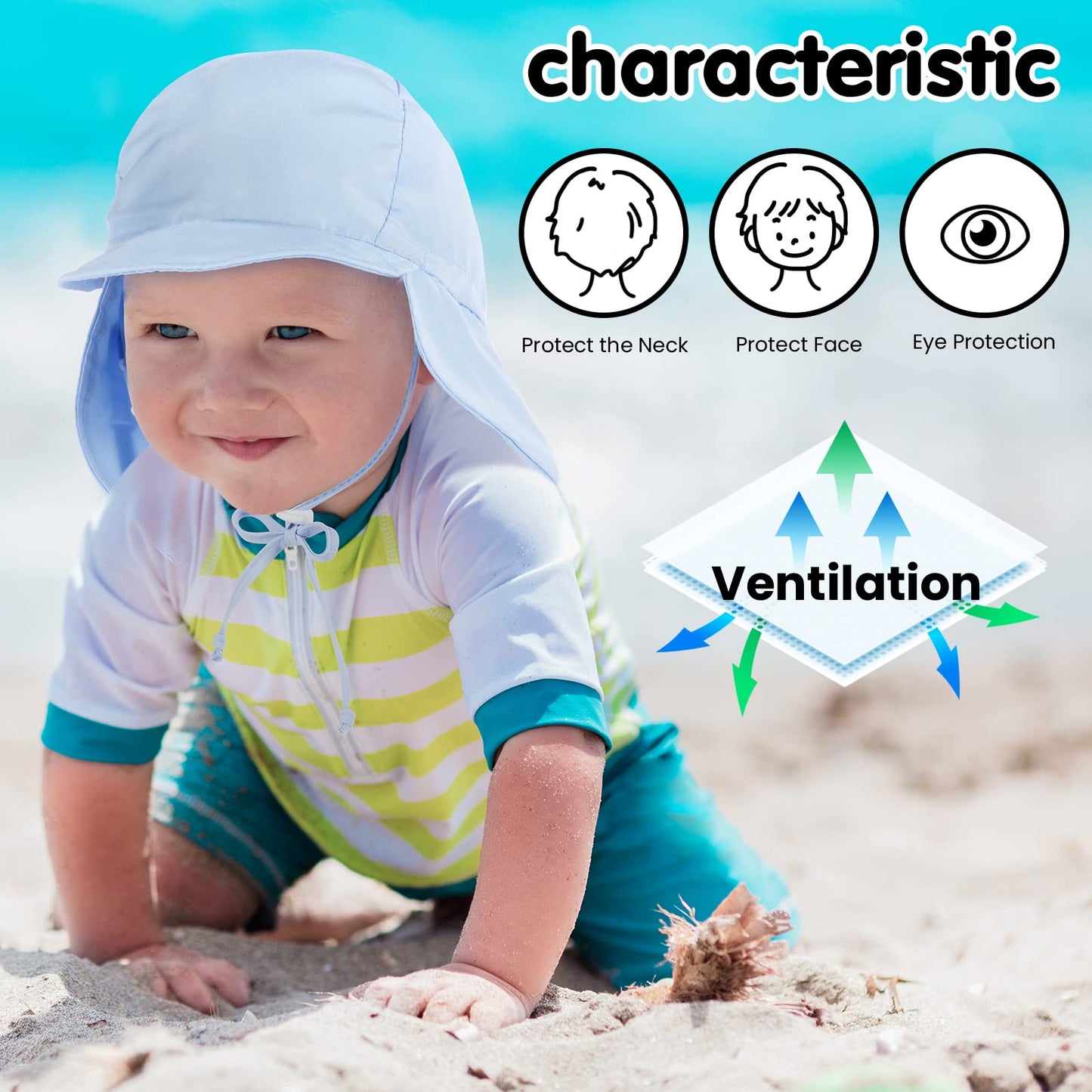 Simplikids Newborn Sun Hat Upf 50+ Uv Ray Sun Protection Infant Hats W/Neck Flap Sun Hat For Baby,Light Blue,0-12 Months