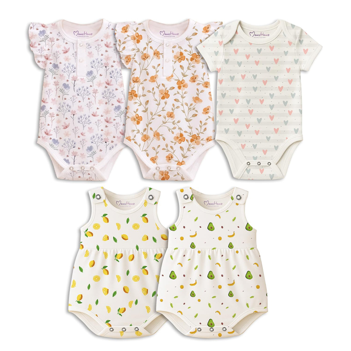 MomS Home Organic Cotton Baby Girls Frock Onesie/Bodysuit  Pack Of 5 Mix Designs  06 Months