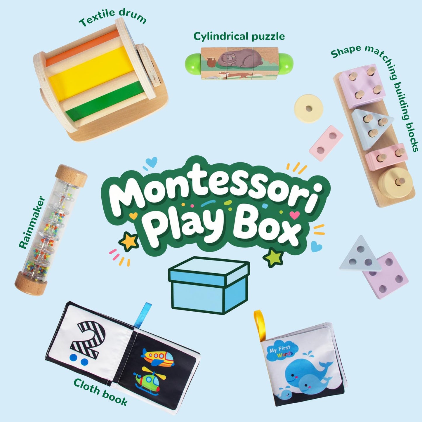 Wooden Baby Toys, 6-in-1 Newborn Learning Educational Sets Includes Mirror Spinning Drum, Rain Stick, Soft Cloth Books, Shape So