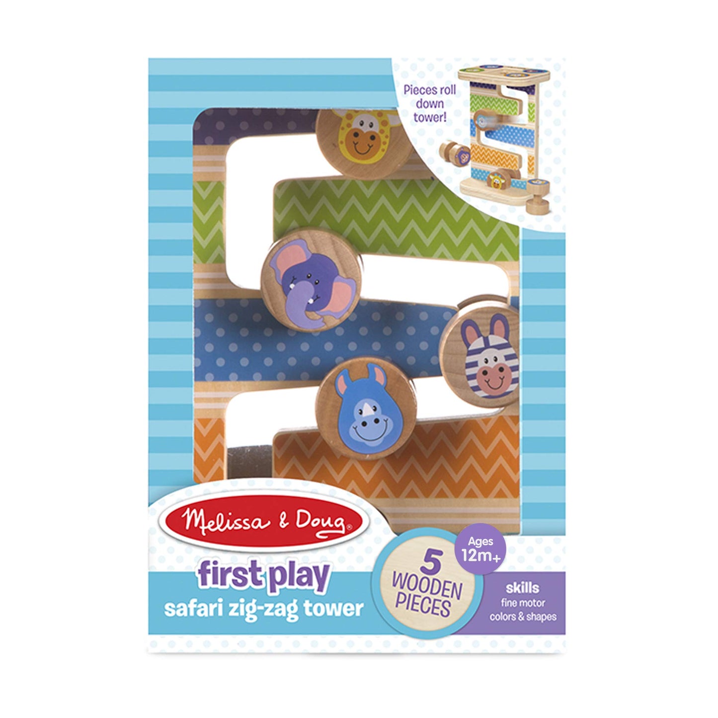 Melissa & Doug First Play Wooden Safari Zig-Zag Tower with 4 Rolling Pieces