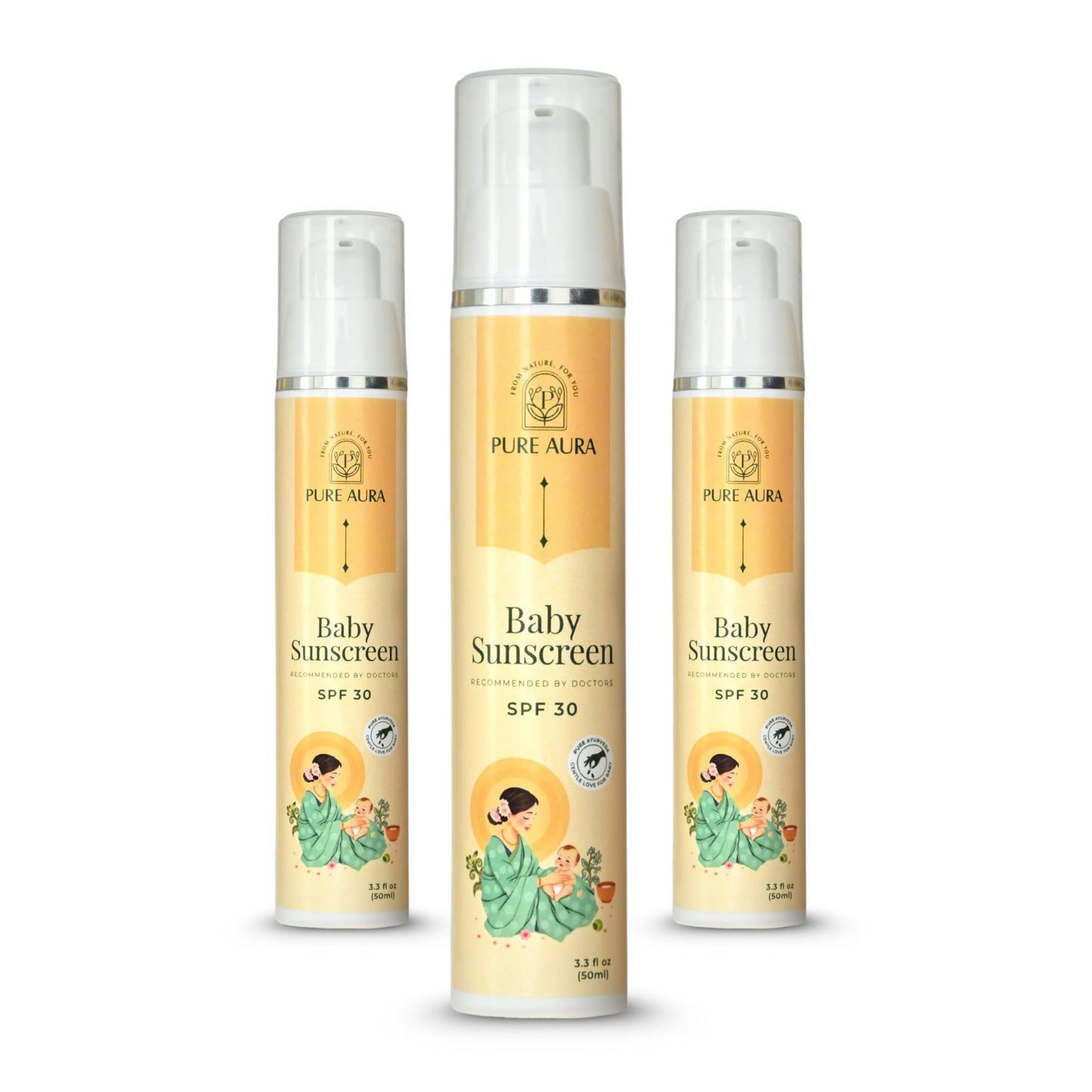 Pure Aura Baby Sunscreen Spf 30 (Pack Of 3, 50G Each) | 100% Mineral, Ayurvedic & ChemicalFree | Gentle Protection For Delicate