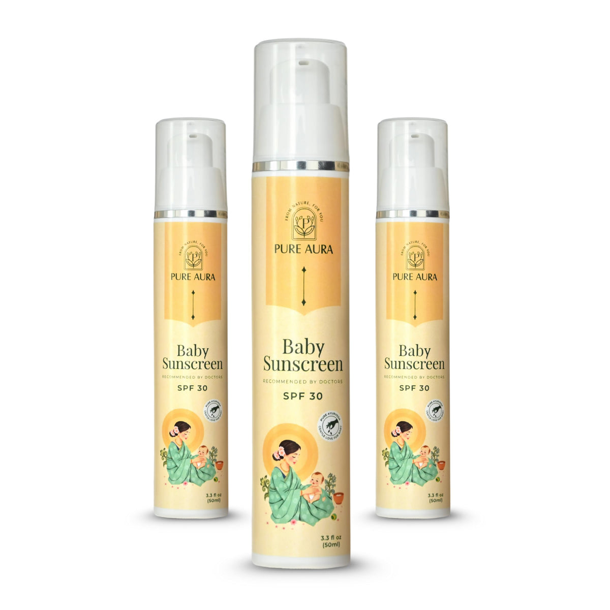 Pure Aura Baby Sunscreen Spf 30 (Pack Of 3, 50G Each) | 100% Mineral, Ayurvedic & ChemicalFree | Gentle Protection For Delicate