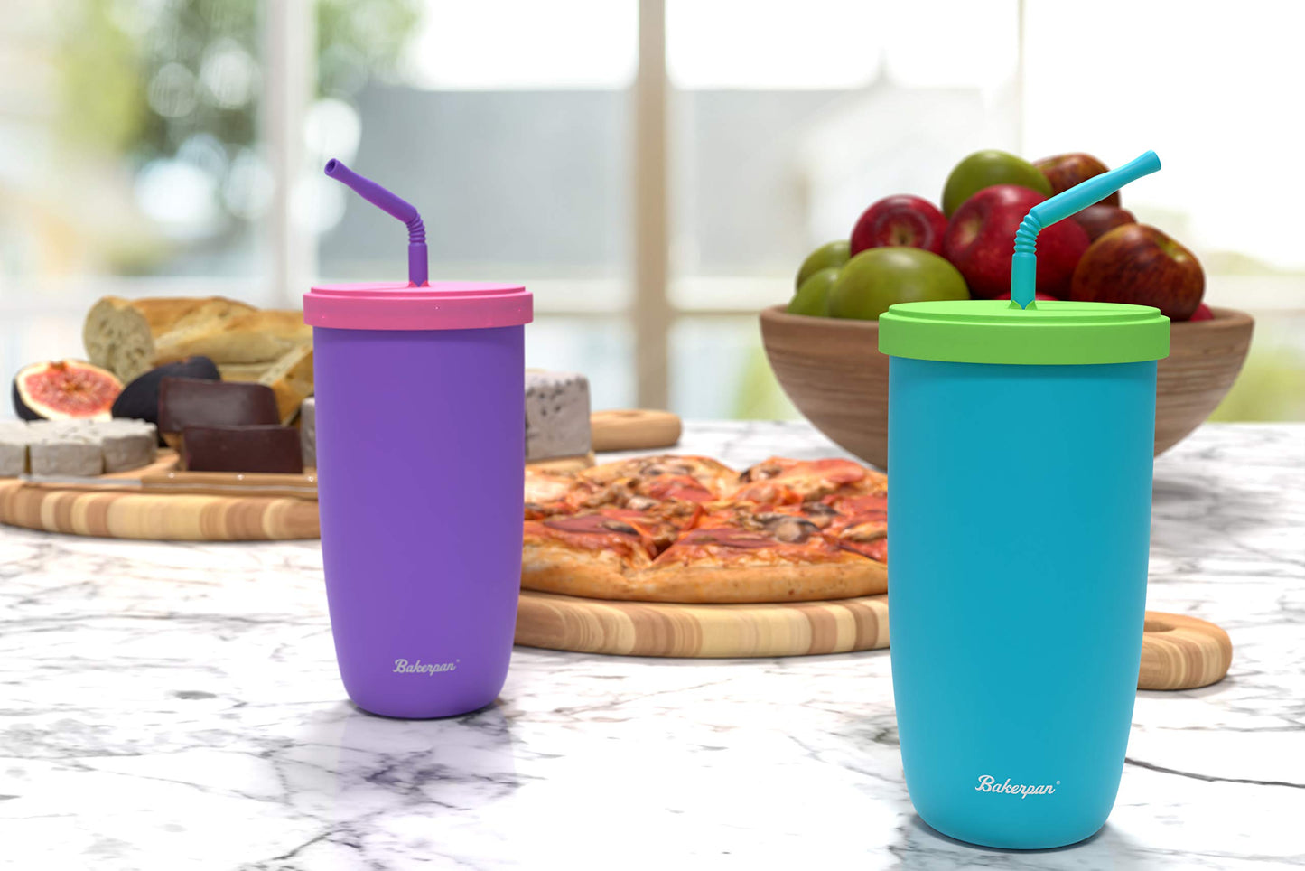 Bakerpan Silicone Straw Cup For Toddlers And Kids, 12 Ounce Silicone Cups With Straw (Purple)