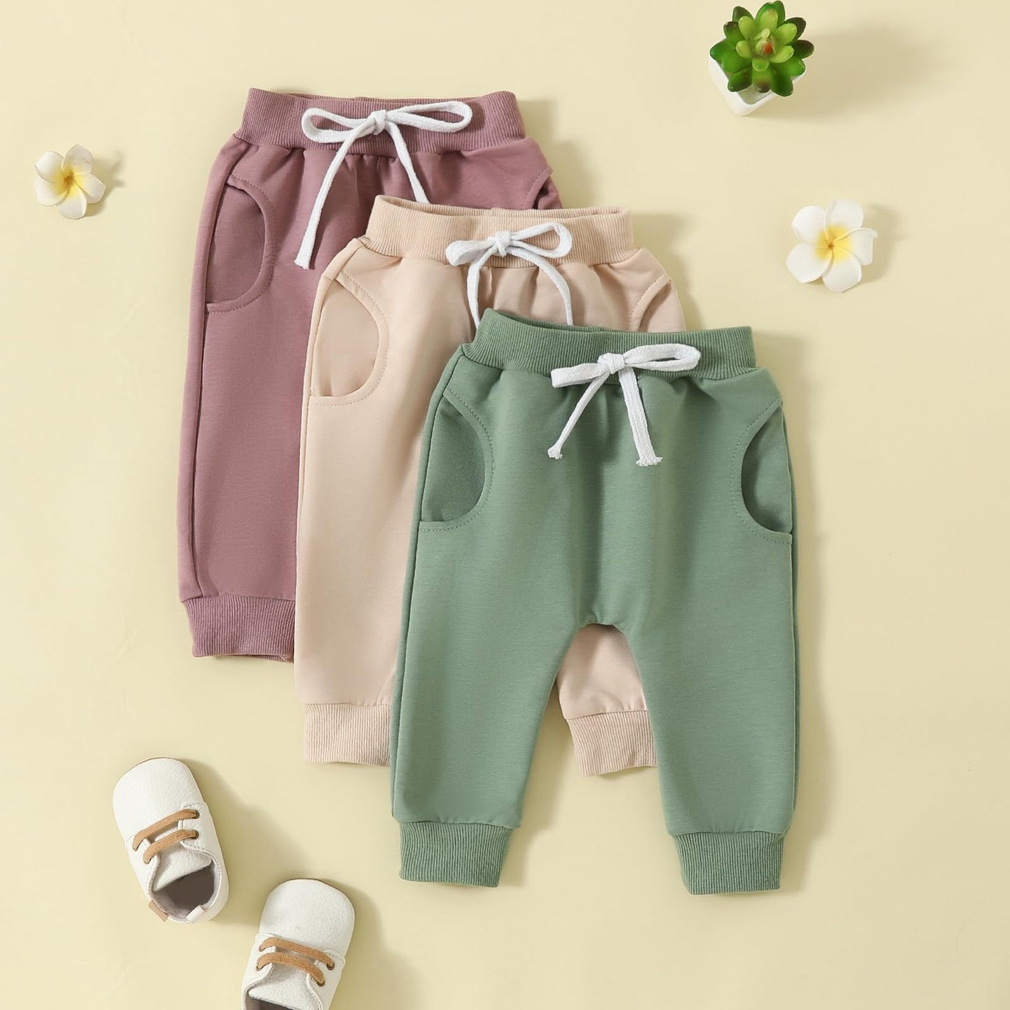Yoawdats Baby Boys' 3-Pack Pull-On Jogger Pants Girls' Knit Pants Classic Fit Elastic Waist Toddler Pants Infant Long Pants, 18-