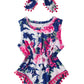 Newborn Girls Colorful Flower Jumpsuits 3D Printed Purple Tropical Flower Onesie For Babys Summer Sleeveless Pom Pom Lace One Pi
