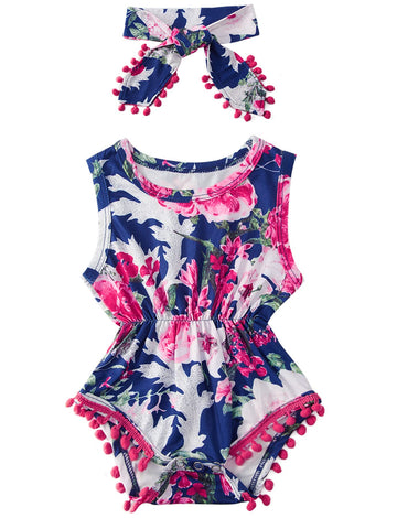 Newborn Girls Colorful Flower Jumpsuits 3D Printed Purple Tropical Flower Onesie For Babys Summer Sleeveless Pom Pom Lace One Pi