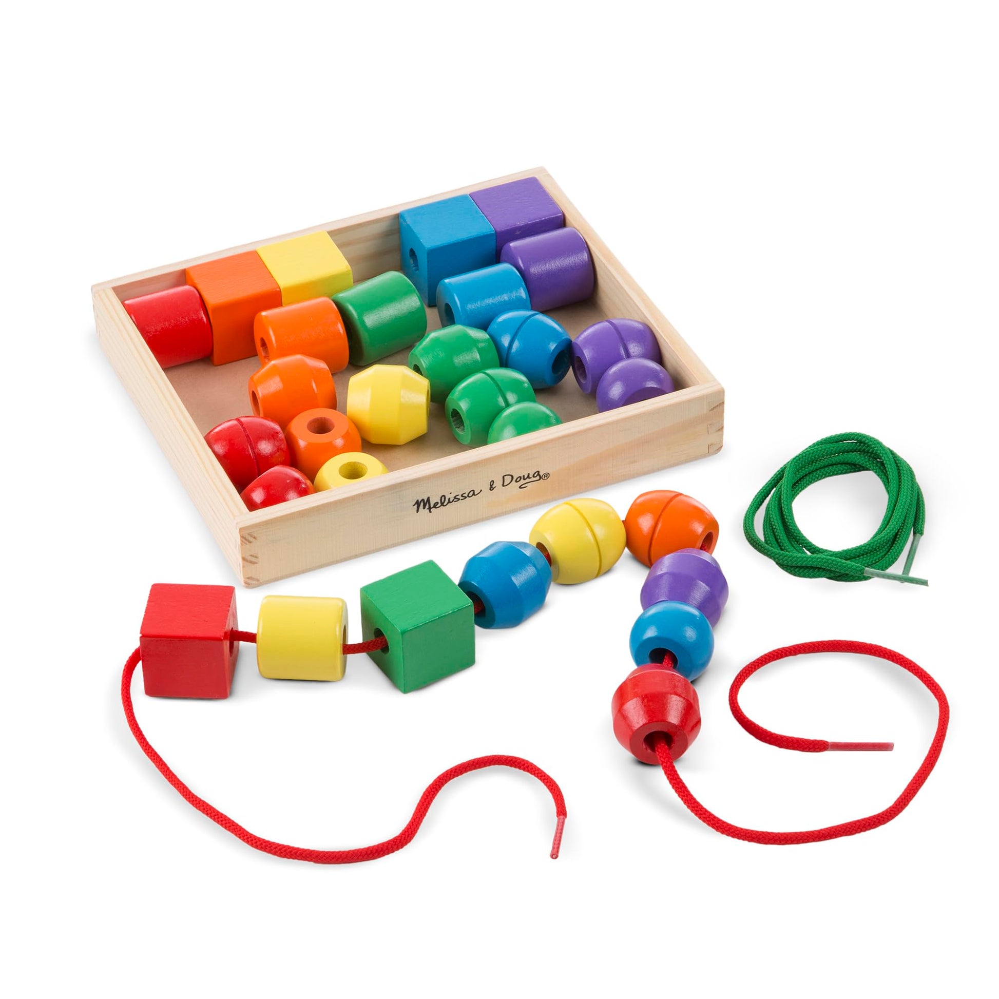 Melissa & Doug Primary Lacing Beads - Educational Toy With 30 Wooden Beads and 2 Laces Beads For Toddlers, Fine Motor Skills Lac