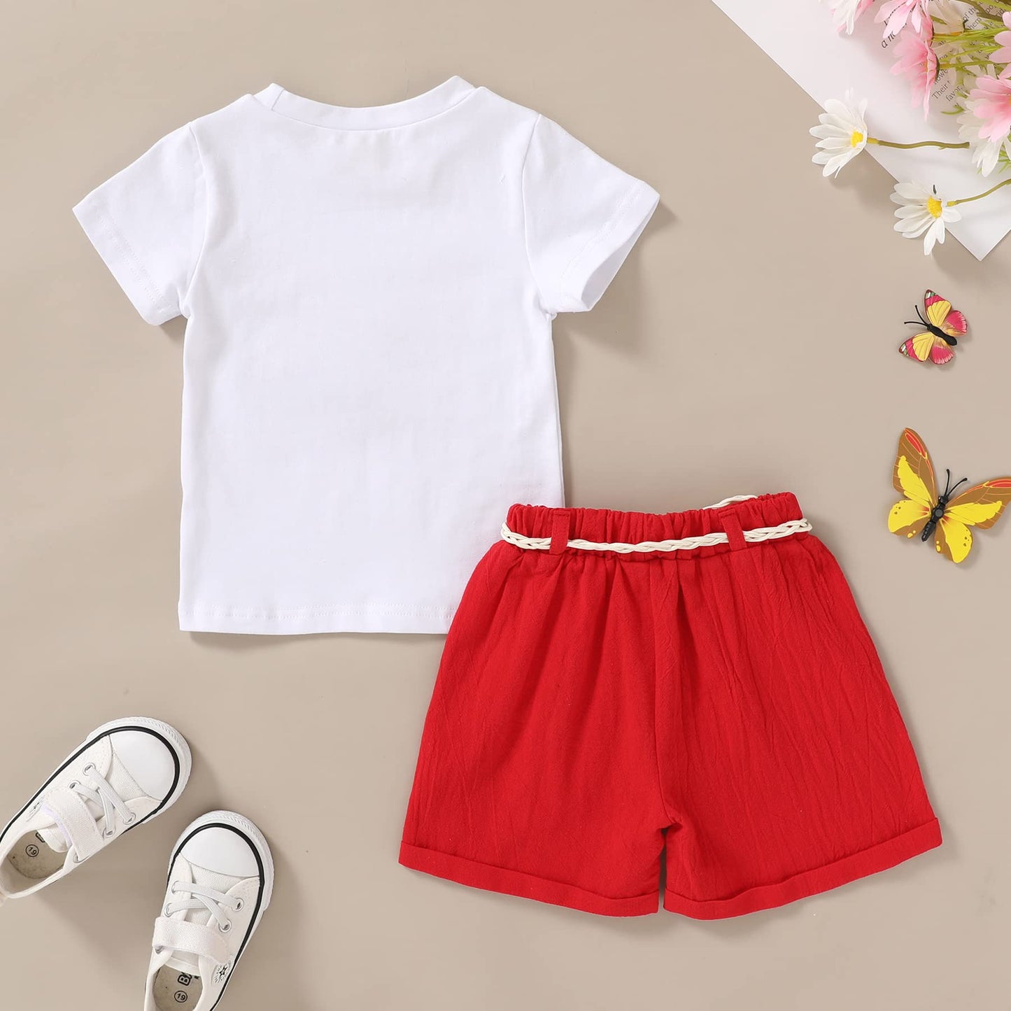 Younger Tree Toddler Baby Girl Clothes Girls Summer Outfit Butterfly Print Tshirt Red Shorts With Belt Clothing For Baby Girl (B