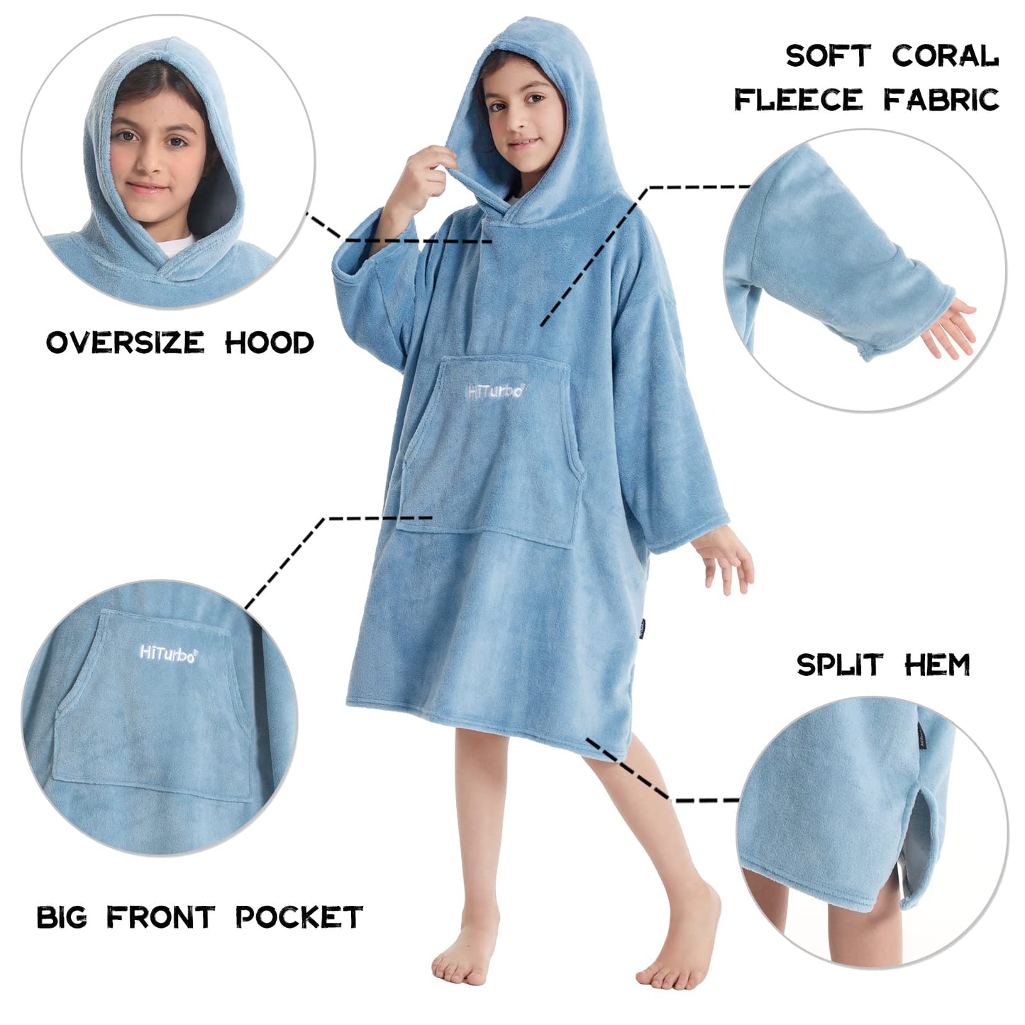 Hiturbo Kids Towel Changing Robe: Soft Plush Wearable Blanket - Warm Coral Fleece Hoodie - Swim Surf Poncho For 5-12 Years (Blue