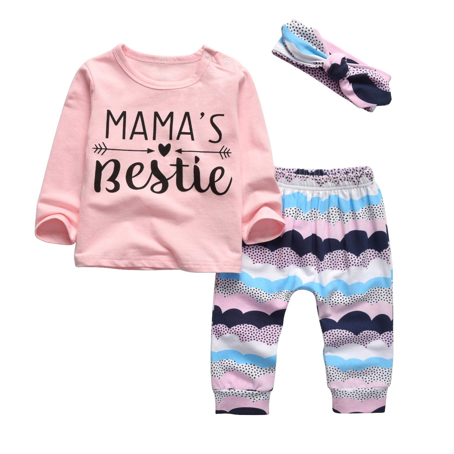 Kukitty 3Pcs Baby Girl Outfits Set Mama'S Bestie Long Sleeve T-Shirt Tops Printed Pants With Headband (12-18 Months)