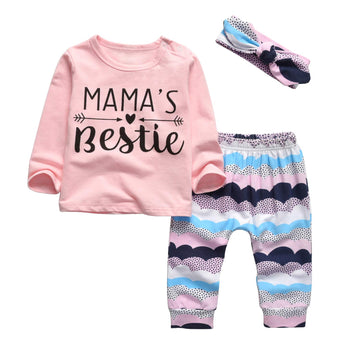 Kukitty 3Pcs Baby Girl Outfits Set Mama'S Bestie Long Sleeve T-Shirt Tops Printed Pants With Headband (12-18 Months)