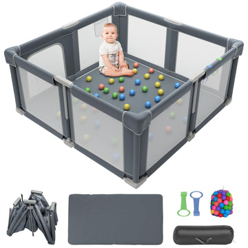 Seeday Foldable Playpen for Babies and Toddlers, 51 Portable Play Pen with Mat and Ocean Balls, Play Yard with with Visible Mesh