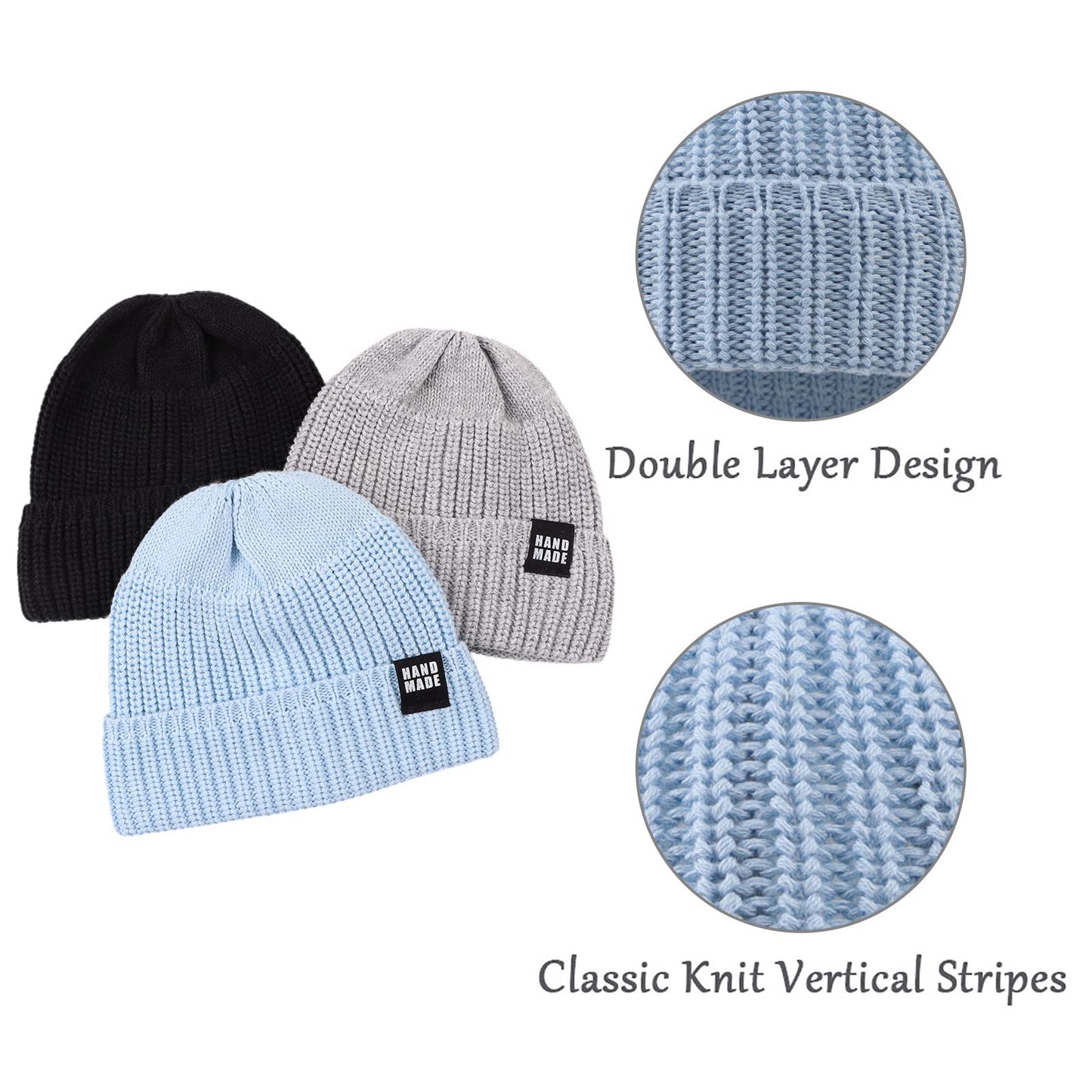 Simple Knitted Baby Beanie Hip-Hop Boys Winter Hat Toddler Kids Bonnet For Girl 0-5Y (3Pcs-K, M)