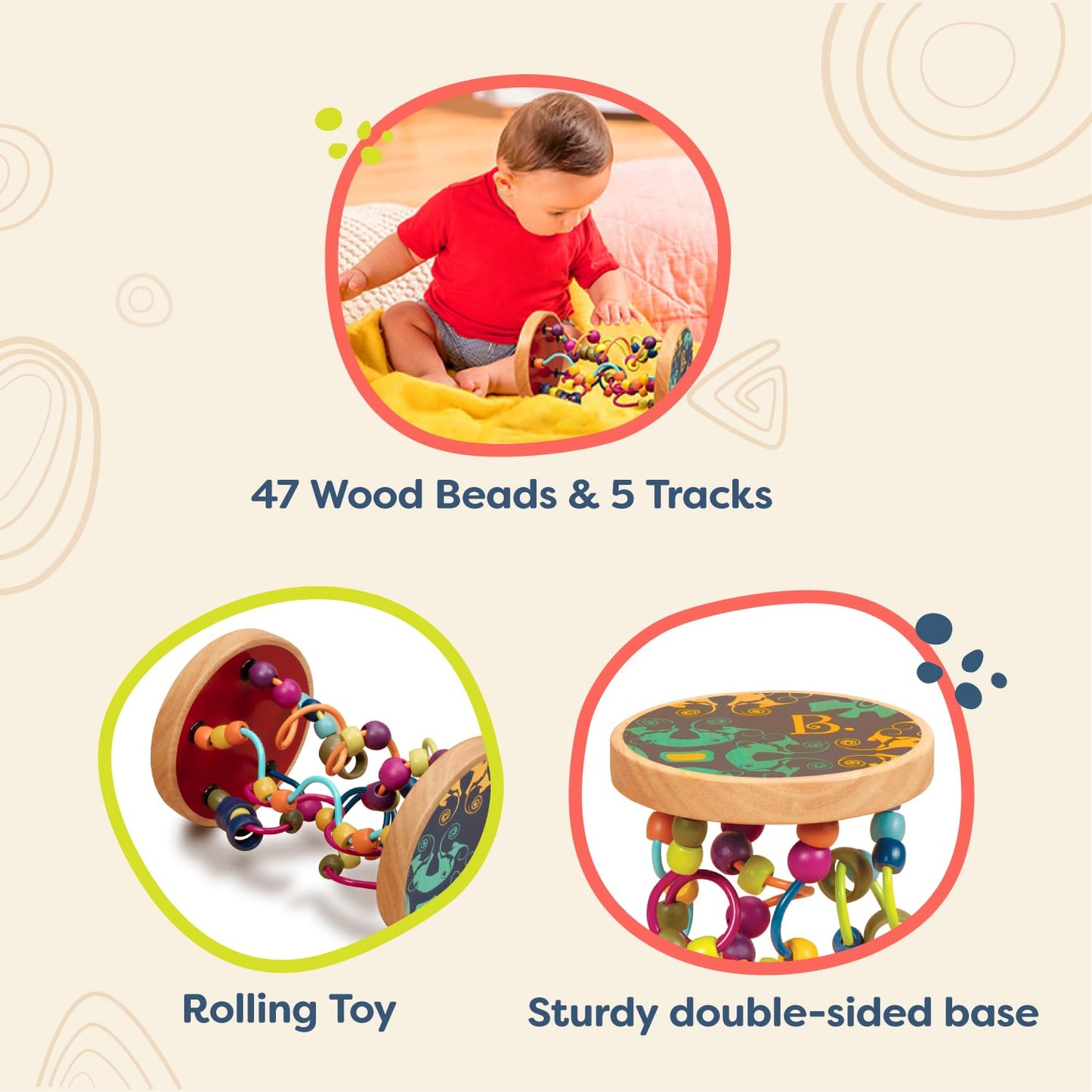 B. toys - Loopty Lo Wooden Rolling Toy - Developmental Bead Maze - Wooden Wire Maze - Crawling Rolling Toy- 47 Beads & 5 Mazes -